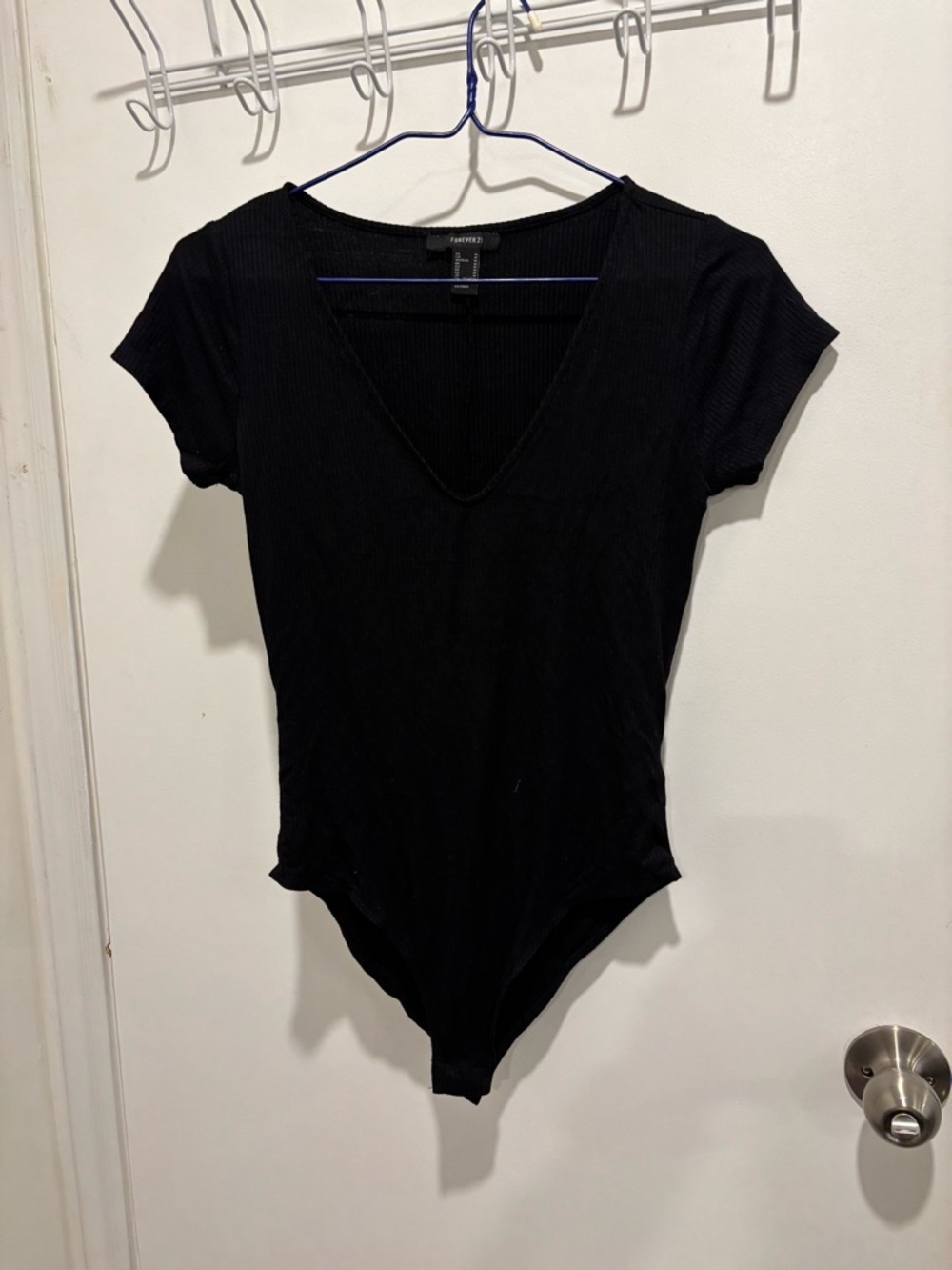 Forever 21 Black Ribbed V-Neck Short Sleeve Bodysuit